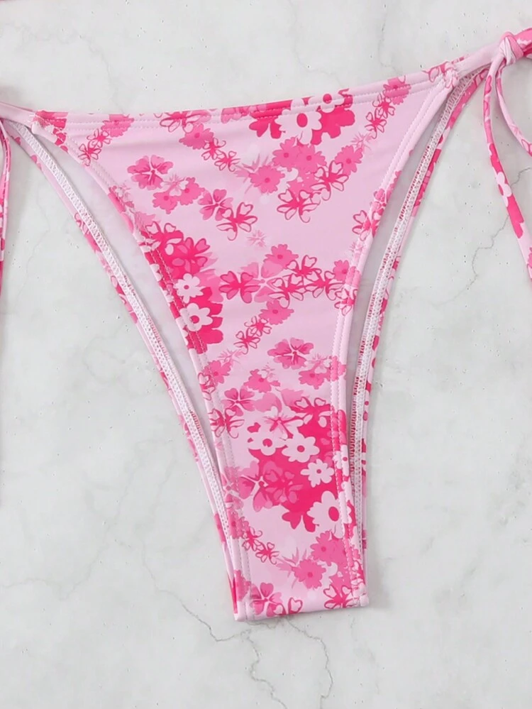 Women's Vacation Floral Round Buckle Lace-Up Thong Bikini Set, Sexy & Fashionable Two Pieces Bikini Set,Summer Beach