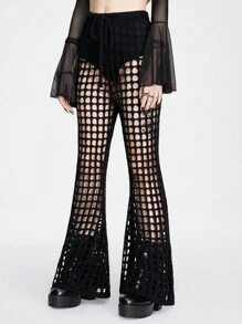 ROMWE Goth Sudadera de punto y pantalón acampanado para mujer con atractivo diseño de huecos - Negro - Ver 4