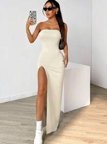 SHEIN EZwear Đầm Bodycon xẻ đùi màu trơn cho nữ - Màu be - Xem 7