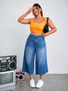 SHEIN EZwear Pantalón Vaquero Capri De Pierna Ancha Informal Y Holgado Para Mujeres De Talla Grande