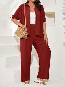 SHEIN Cottnline Plus Button Up Drop Shoulder Shirt & Wide Leg Pants - Burgundy - View 4