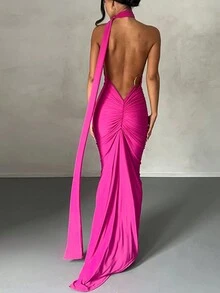 Vestido de verano sexy con un hombro, espalda descubierta, fruncido y cola de pez para mujeres - Rosa Fucsia - Ver 3