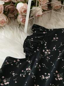 SHEIN LUNE Camisa suelta de verano para mujeres con cuello de pie adornado con volantes, estampado floral y mangas abullonadas con volantes