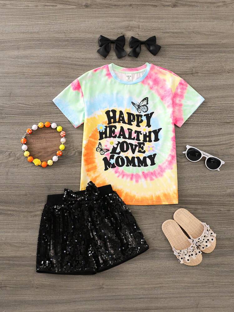 Young Girl Everyday Casual Spring/Summer Knitted Tie-Dye Letter Printed Short Sleeve Top With Sequins Shorts Set