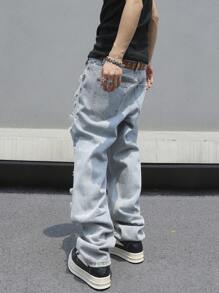 GALLERY FADE Men Fashionable Loose Fit Jeans With Grinding And Ripped Details, Frayed Jeans Plain Long Straight Leg Ripped Light Blue Cargo Jeans, For Husband, Boyfriend Gifts Going Out Hang Out College Street Work, Emo Style - Light Wash - View 5