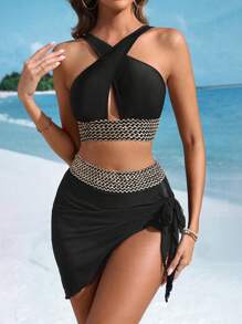 SHEIN Swim Bộ bikini dây đeo dệt thoi Micro Triangle, đồ bơi Bộ đồ tắm Trang phục đi biển Kỳ nghỉ hè - Nhiều màu - Xem 1