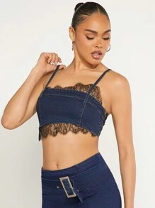 Denimoi 女士夏季性感色塊蕾絲拼接極短牛仔背心 - 深色水洗藍 - 查看 5