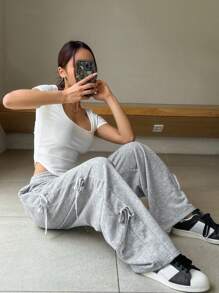 DAZY Women Loose Casual Side Stripe Drawstring Waistband Joggers Sweatpants