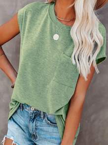 Camiseta de manga murciélago de unicolor para mujer, ajuste holgado, casual, con bolsillo aplicado, para verano - Verde Oliva - Ver 3