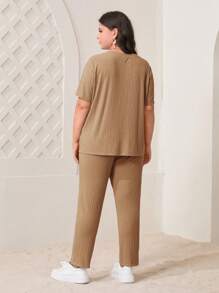 Mulvari Plus Size Women Solid Color Simple Daily Short Sleeve And Pants Two-Piece Set - Camel - View 2