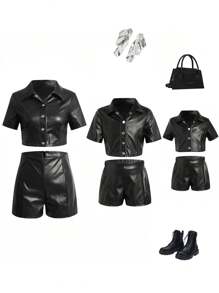 Teen Girl Black Short Sleeve Leather Jacket + Casual Leather Shorts Sibling Outfits Matching Outfits (3 Pieces Are Sold Separately)