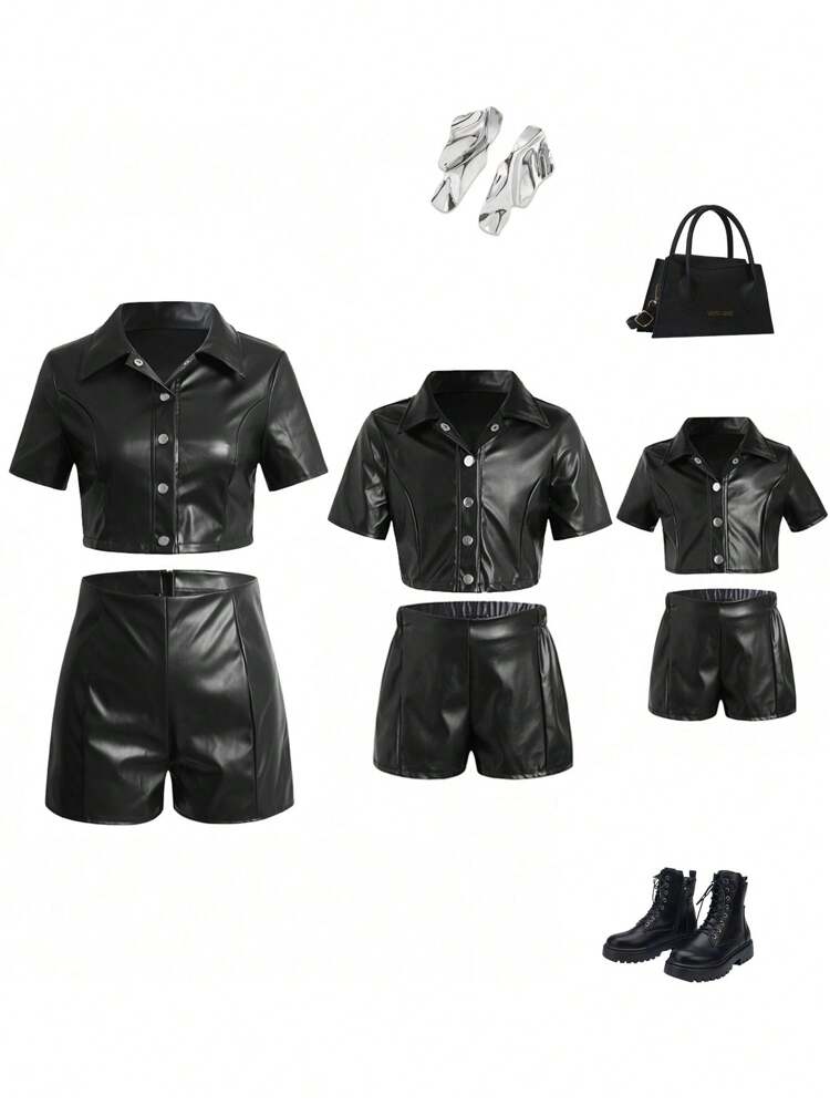 Teen Girl Black Short Sleeve Leather Jacket + Casual Leather Shorts Sibling Outfits Matching Outfits (3 Pieces Are Sold Separately)