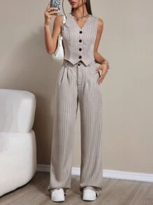 Chiquease Women Summer Striped Single-Breasted Suit Vest And Pants Loose Casual Daily Workwear Set