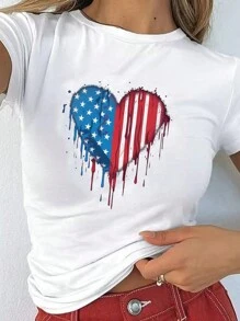 SHEIN EZwear Dames zomer casual Amerikaanse vlag hartprint T-shirt met korte mouwen - Wit - Bekijken 1