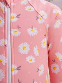 SHEIN Costume Da Bagno Con Cerniera Frontale A Maniche Lunghe Con Motivo Di Margherite Per Ragazze Giovani