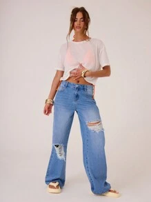 MUSERA Quần Jeans Ống Rộng Rộng Vừa Vặn Cho Nữ Có Túi Xé Và Chi Tiết Cộc Tay - Màu xanh lam - Xem 3