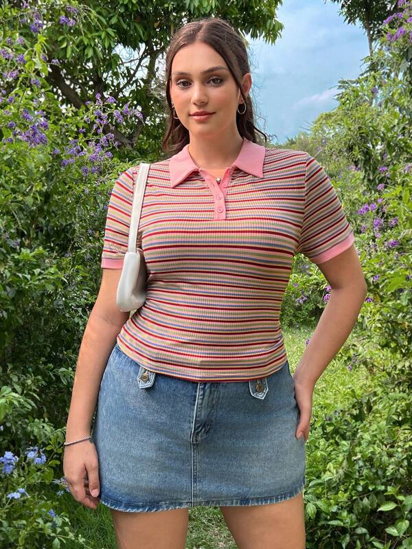 SHEIN EZwear Tricou tricotat cu guler răsturnat cu dungi de mărime mare