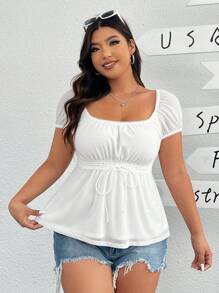 SHEIN EZwear 女士加大碼純色方領系帶短袖t恤 - 白色 - 查看 3