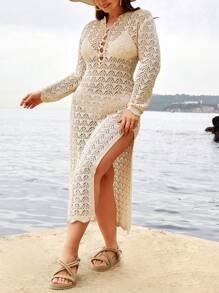SHEIN Cottnline Plus Size Cover Up Dress, For Summer Beach Vacation - Apricot - View 3
