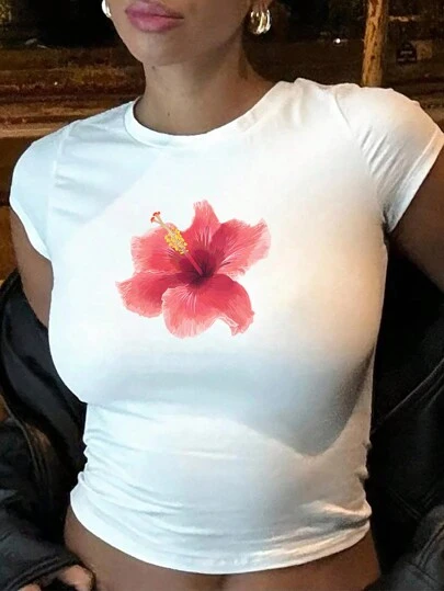 Flirla Women Plus Size T-Shirt Summer Short Sleeve Top With Hibiscus Flower Print Graphic Tees Women Tops