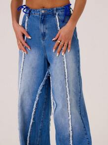 MUSERA Denim Distressed Seam Wide Leg Jeans Spring Summer - Blue - View 5