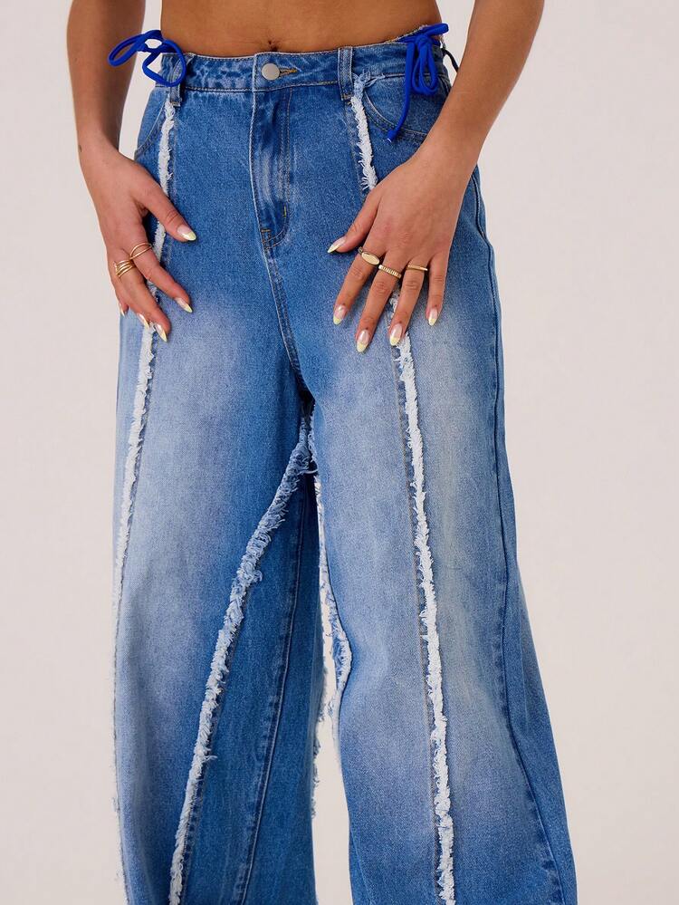 Denim Distressed Seam Wide Leg Jeans Spring Summer
