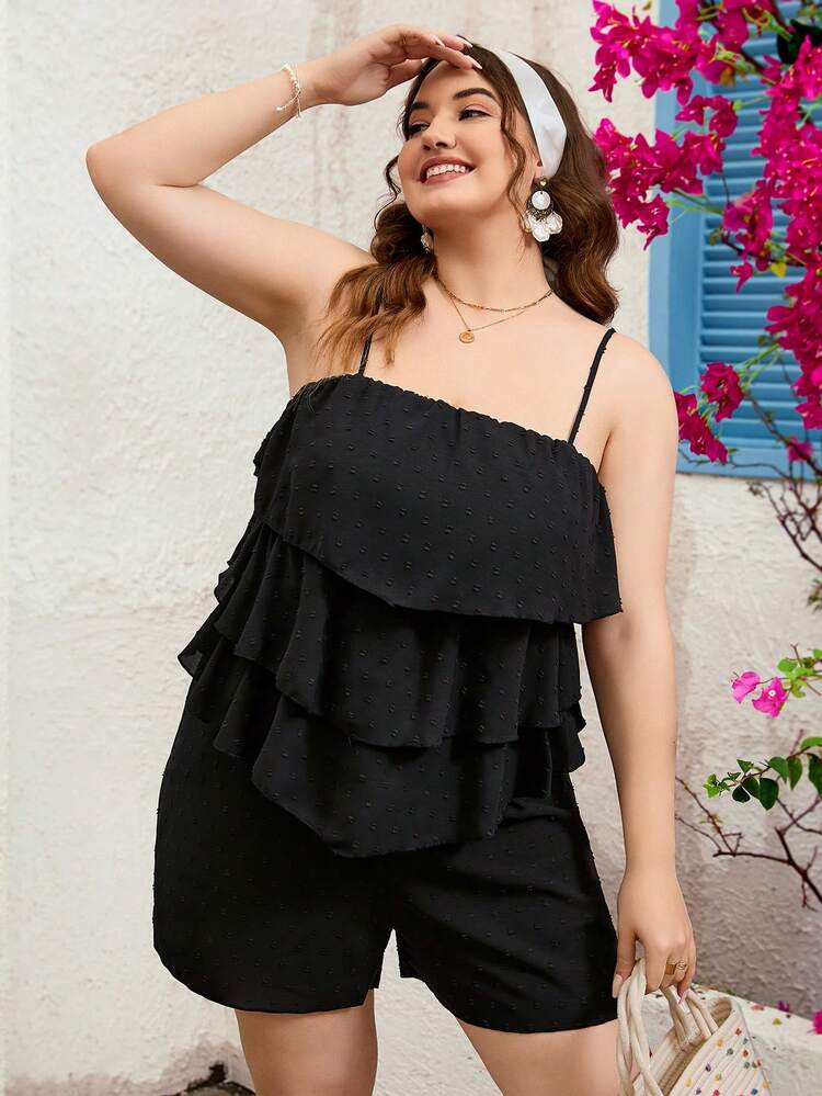 Black Multi-Layer Flounce Trim Texture Polka Dot Plus Size Jumpsuit For Casual And Vacation