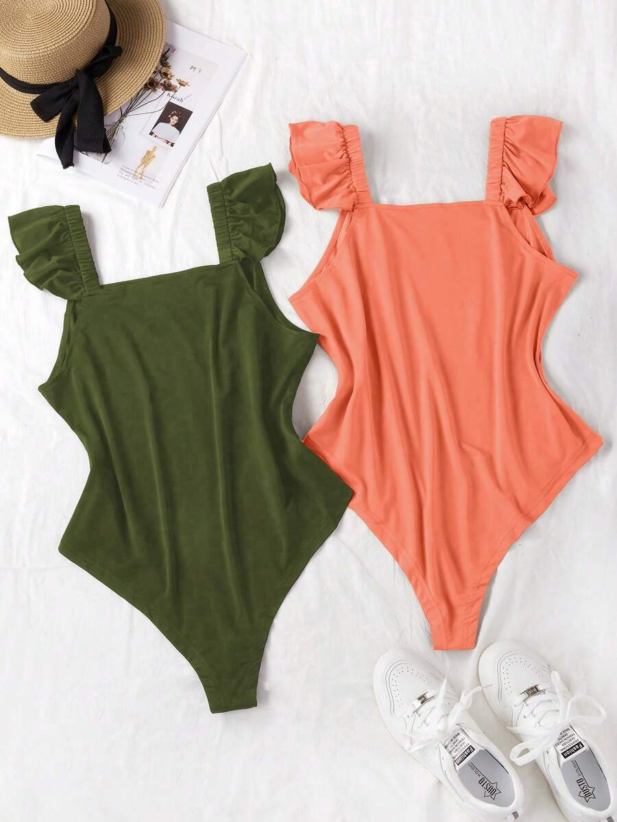 Celure Plus Size Màu trơn Trang phục hàng ngày đơn giản Ruffle Hem Body - xanh quân đội - Xem 1