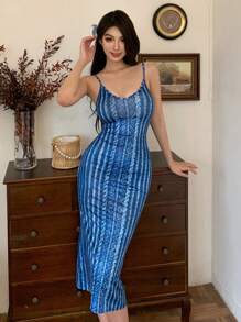 DAZY 女士无袖休闲复古风几何印花吊带连衣裙，适合度假穿着 - 藍色 - 查看 7