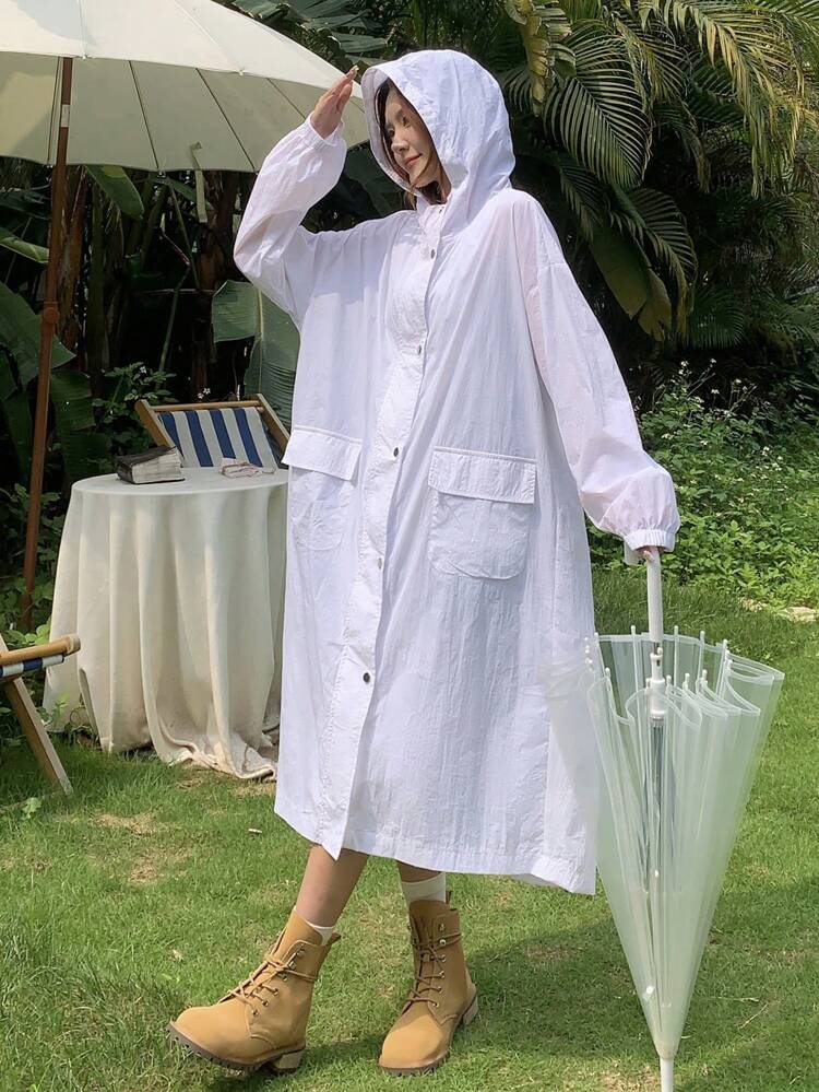 Women Spring And Summer Solid Color Hooded Sun Protection Loose Jacket With Flap Pocket