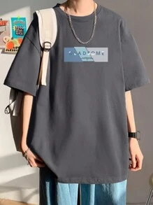 男士夏季休閒寬鬆短袖t恤,印有字母圖案 - 深灰色 - 查看 1