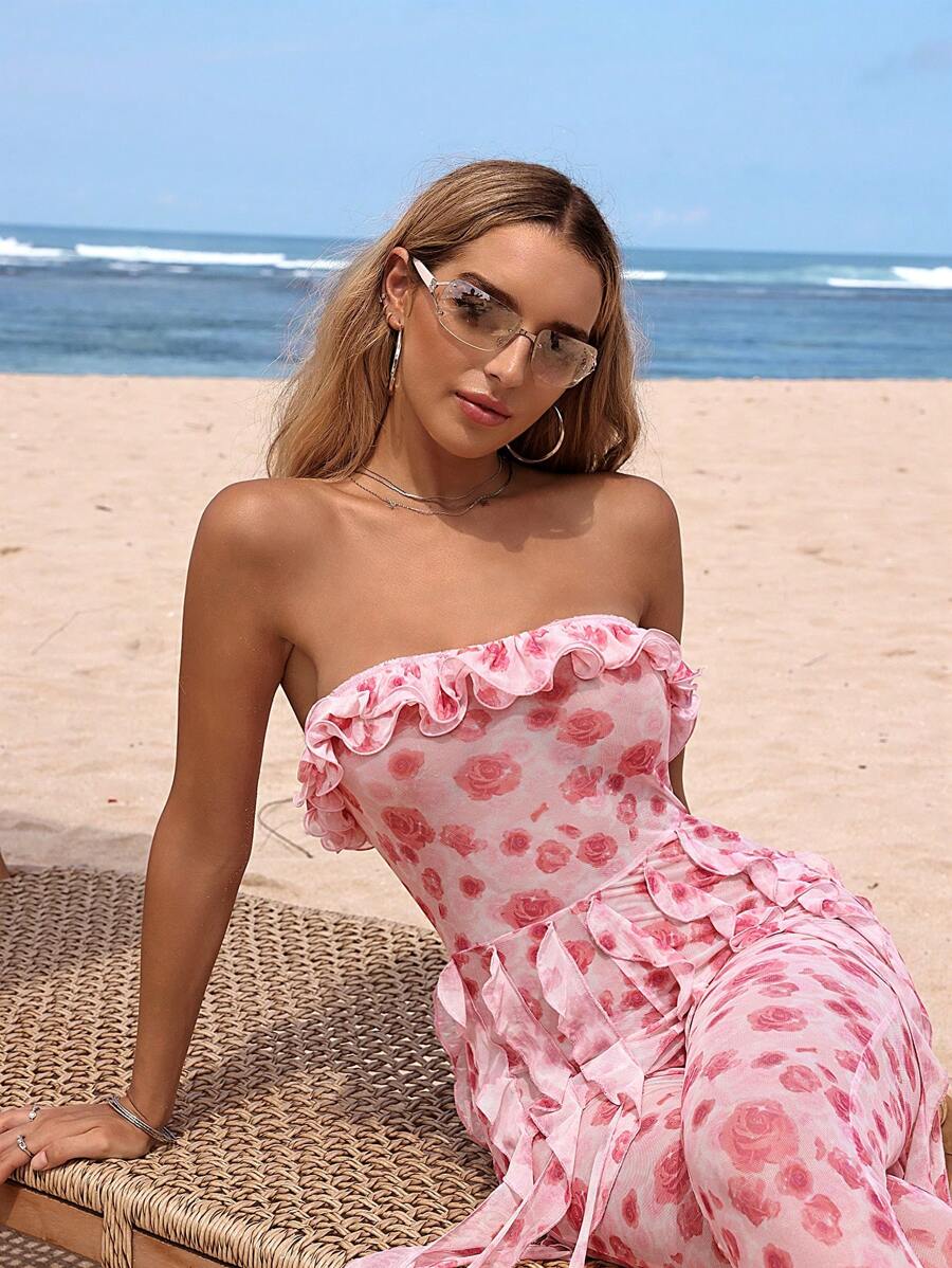 SHEIN ICON Women Strapless Mesh Floral Print See-Through Y2K  Beach Women Outfits Flowy Peplum Floral Jumpsuit - Pink - View 1