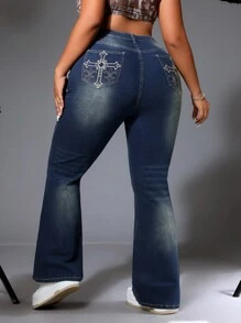 SHEIN ICON Jean évasé brodé croisé lavé grande taille