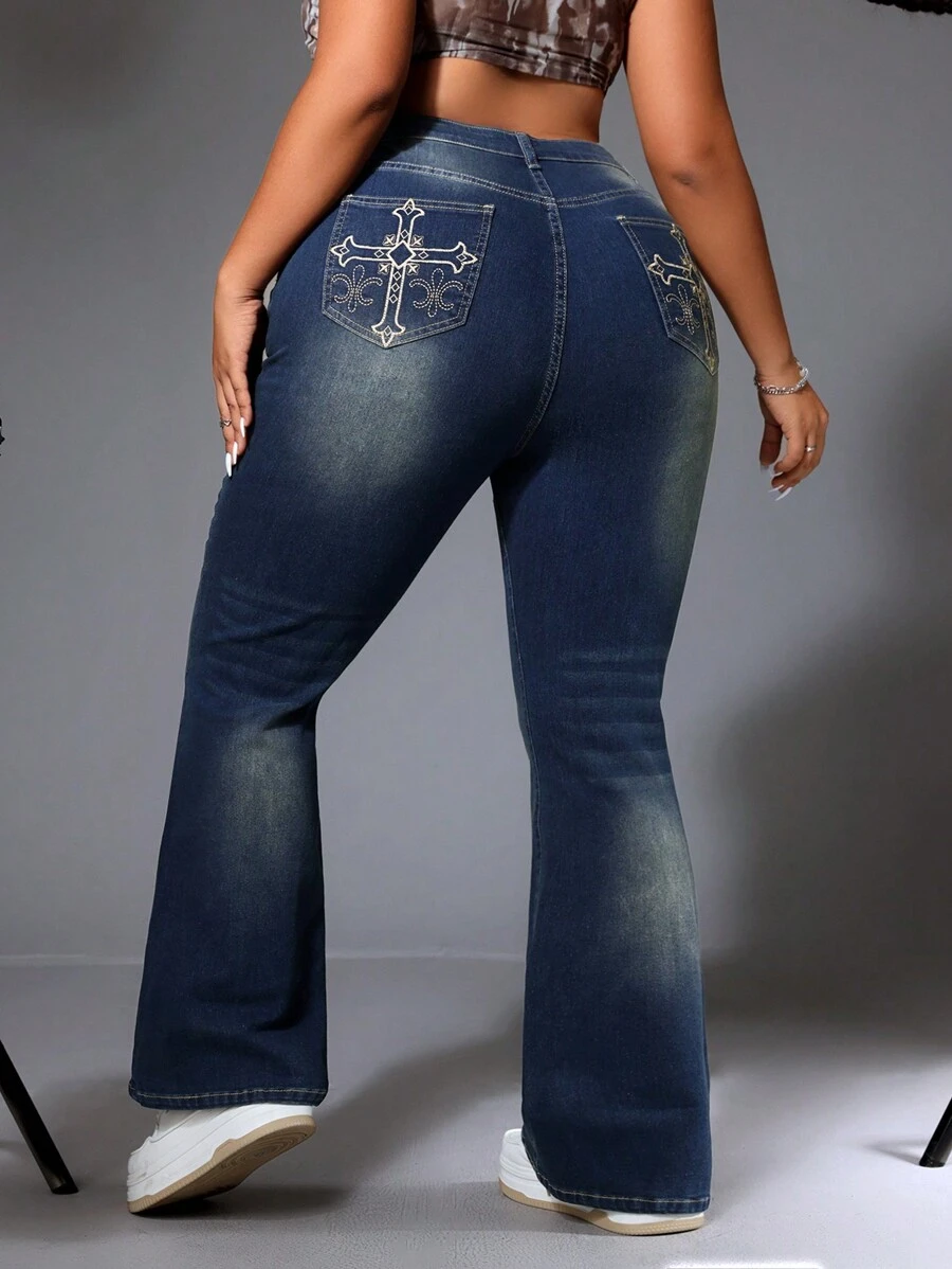 SHEIN ICON Jean évasé brodé croisé lavé grande taille