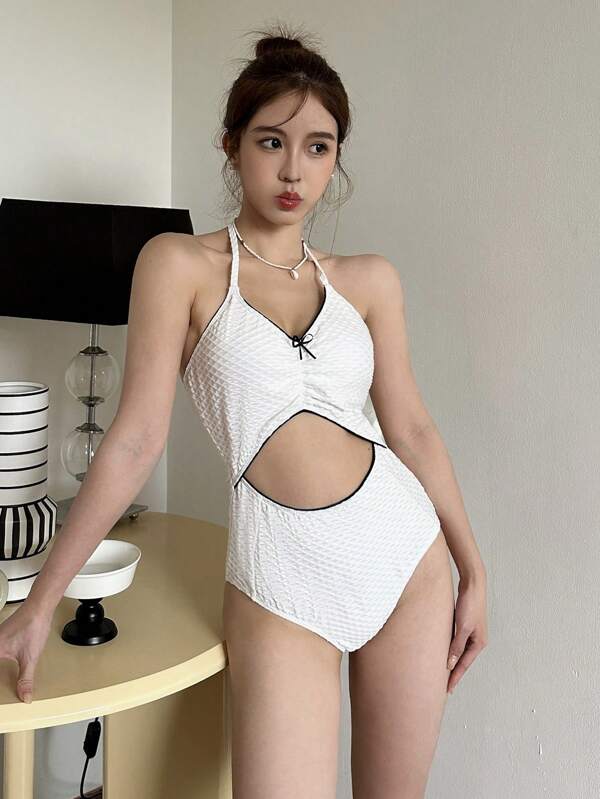 Summer Holiday Beach Pool Sweet Contrast Color Edging Hollow Out Halter One-Piece Swimsuit