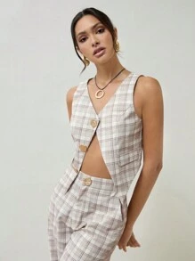COSMINA Summer Casual Cream-Colored Plaid Vest With Large Metal Buckle For Women's Sleeveless Blazer - Multicolor - View 1