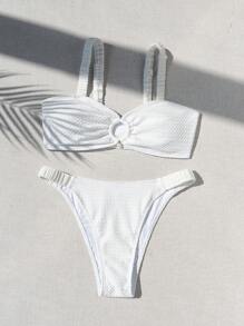 SHEIN Swim مجموعة بيكيني بلون سادة نسج مضلع لشاطئ الصيف - أبيض - مشاهدة 8