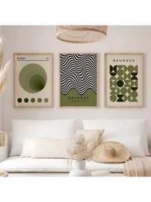 Conjunto de 3 posters abstractos de lienzo estilo Bauhaus en color verde salvia, sin enmarcar, arte de pared impermeable, pinturas de arte moderno para regalo, decoración de pared del dormitorio, sala de estar, oficina, comedor, baño, cafetería, bar, decoración del hogar y la oficina