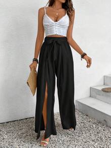 SHEIN Frenchy Vacation And Leisure Solid Color Split Tied Loose Wide Leg Pants Chic Black Summer Casual - Black - View 6