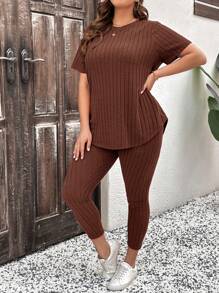 SHEIN LUNE Plus Size Women Summer Solid Color Round Neck Short Sleeve Ribbed T-Shirt And Pants Casual Daily Two Pieces Set - Brown - View 4