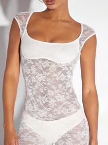 SHEIN BAE Glamorous Women's Summer Contrast Lace Square Neck Romper - White - View 3