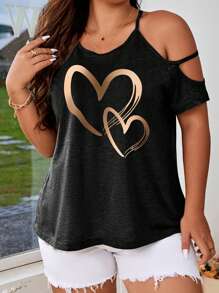 Flirla T-shirt à grande taille imprimé de cœur et de couleur unie
