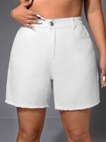 SHEIN ICON 大尺碼夏季休閒純色毛邊牛仔短褲 - 白色 - 查看 4