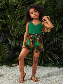 SHEIN SLAYR KIDS Young Girl Knitted Solid Color Sleeveless Top With Shoulder Cutouts And Woven Loose-Fit Floral Print Casual Vacation Shorts Set