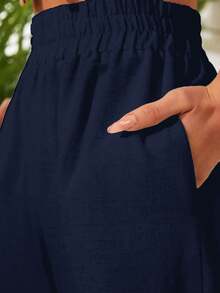 Cottnline Women Solid Color High-Waist Wide-Leg Casual Pants With Slant Pockets - Navy Blue - View 5