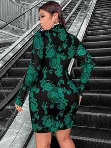 Flirla Plus Size Đầm ôm sát cổ in họa tiết rồng thanh lịch có cúc kiểu Trung Quốc, Xuân/Hè - Màu xanh Ô liu - Xem 2