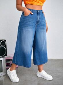 SHEIN EZwear Pantalón Vaquero Capri De Pierna Ancha Informal Y Holgado Para Mujeres De Talla Grande