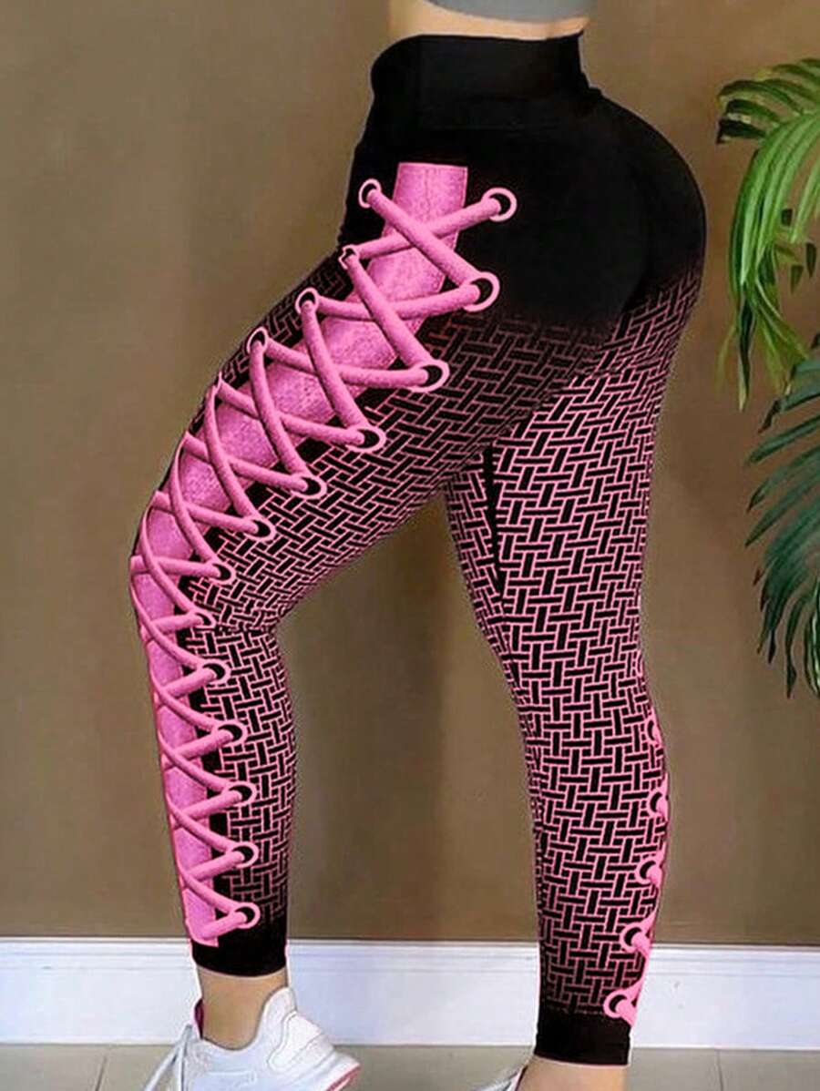 Flirla Digital Printed Plus Size Graphic Print Sports Leggings - Hot Pink - View 1