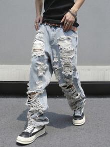 GALLERY FADE Men Fashionable Loose Fit Jeans With Grinding And Ripped Details, Frayed Jeans Plain Long Straight Leg Ripped Light Blue Cargo Jeans, For Husband, Boyfriend Gifts Going Out Hang Out College Street Work, Emo Style - Light Wash - View 4