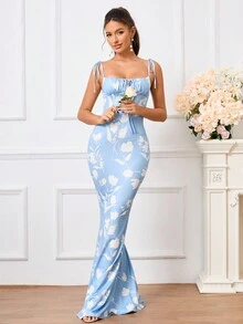 PARTHEA 女士印花褶皱前系带修身优雅连衣裙 - 藍白色 - 查看 5